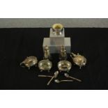 A Hong Kong silver cruet set and three boxed silver napkin rings. Stamped sterling. H.7 W.3 D.