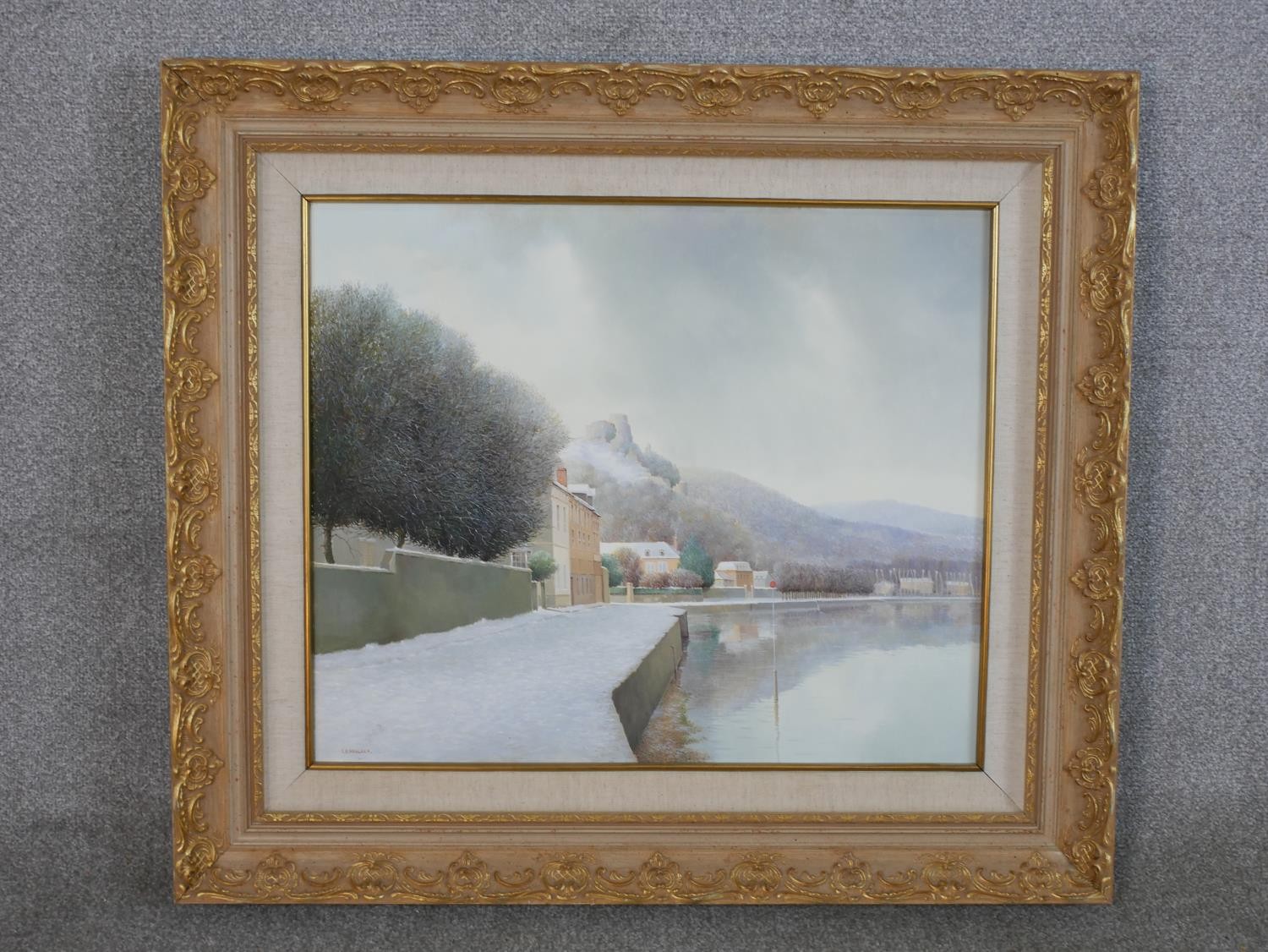 K. B. Hancock (20th century), Snow covered town with castle behind, acrylic on canvas, signed and - Image 2 of 5