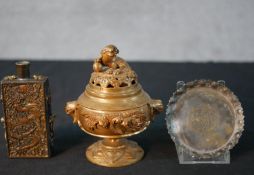 Three pieces of Oriental metalware comprising Japanese brass Koro and lid surmounted with Dog of