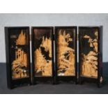 A Contemporary minature Chinese lacquer and cork four panel and three fold table screen, the