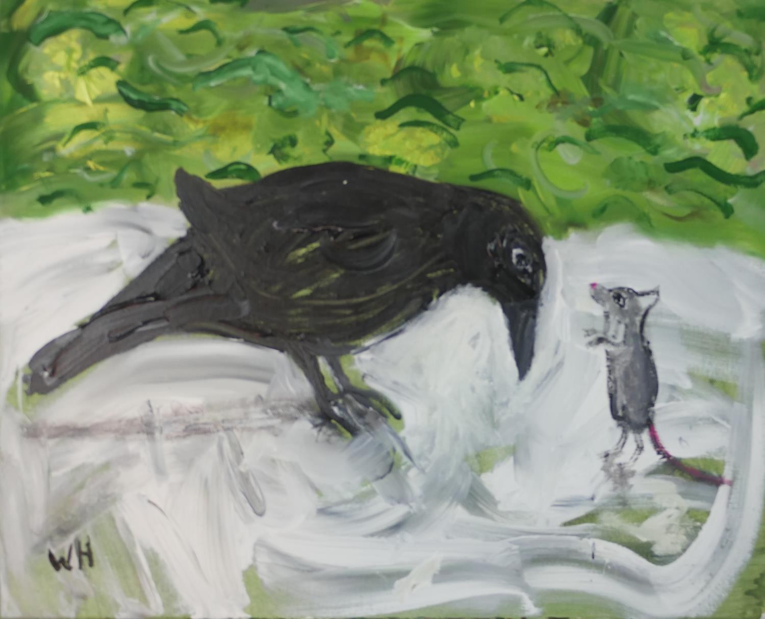 Wolf Howard, Crow and Mouse, acrylic on canvas, initialled, unframed, title, signed and dated verso.