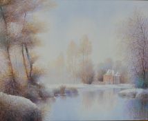 K. B. Hancock (20th century), snow covered lake with stately home behind, acrylic on canvas,