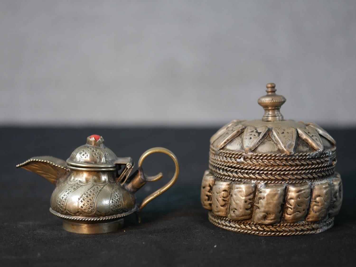 A collection of silver plate Oriental items, including miniature Turkish coffee pot, a Tibetan Gau - Image 2 of 9