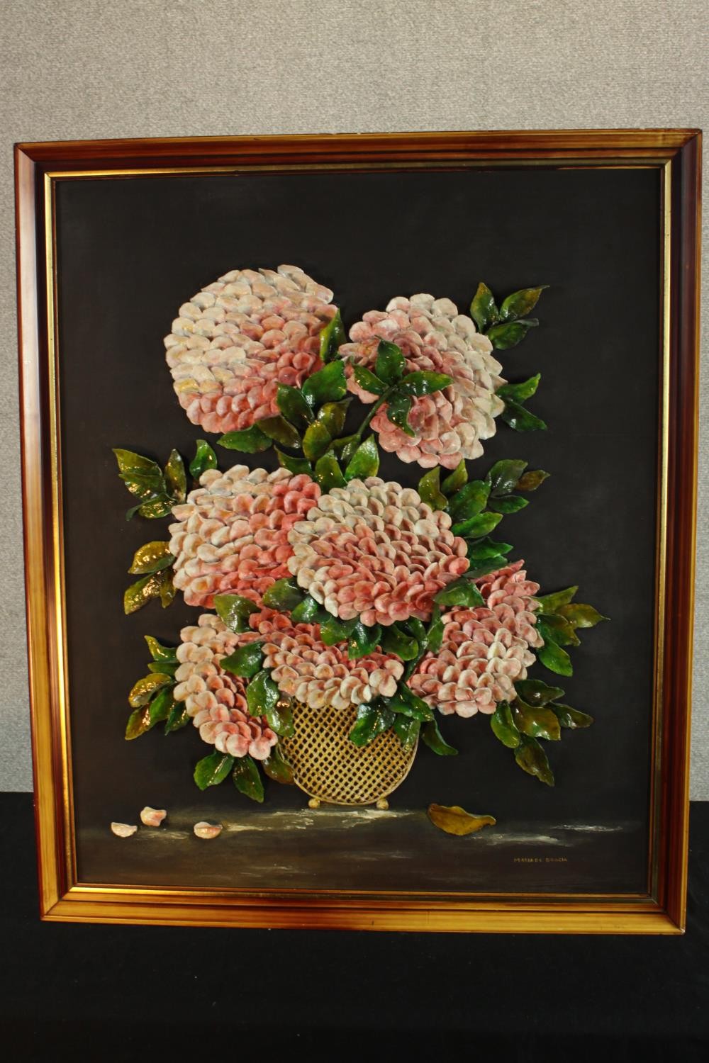 Maria de Garcia (Contemporary) a three dimensional ceramic picture of Hydrangeas, framed. H.87 W. - Image 2 of 8