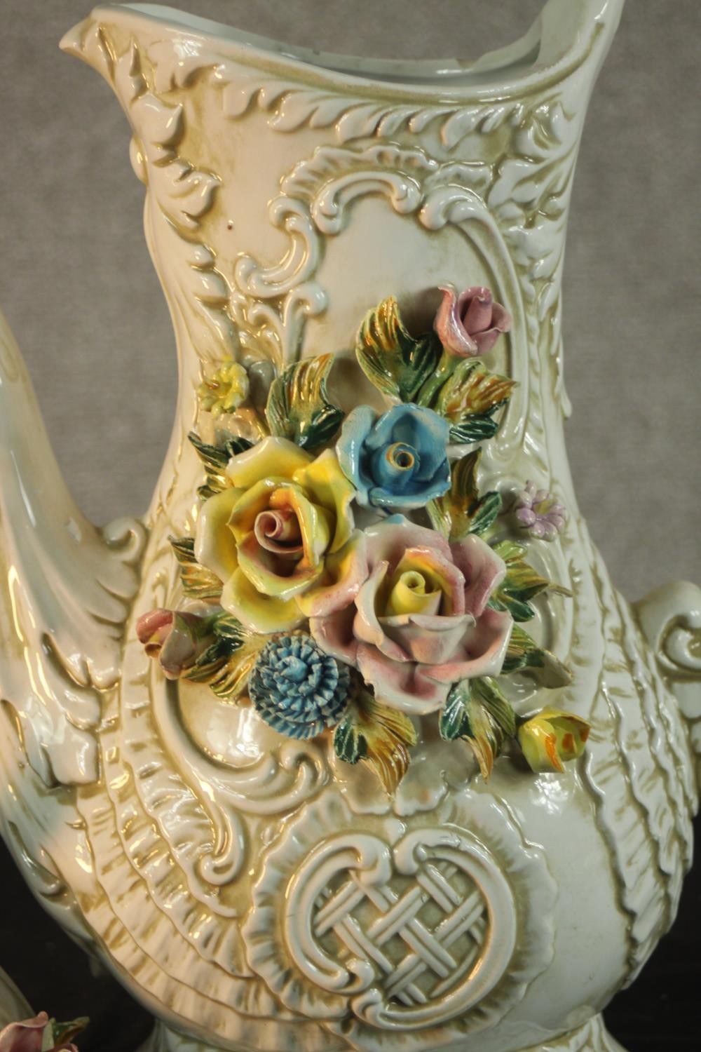 A 20th century Capodimonte pottery floral encrusted jug, the moulded hand in the form of vines and - Image 4 of 10