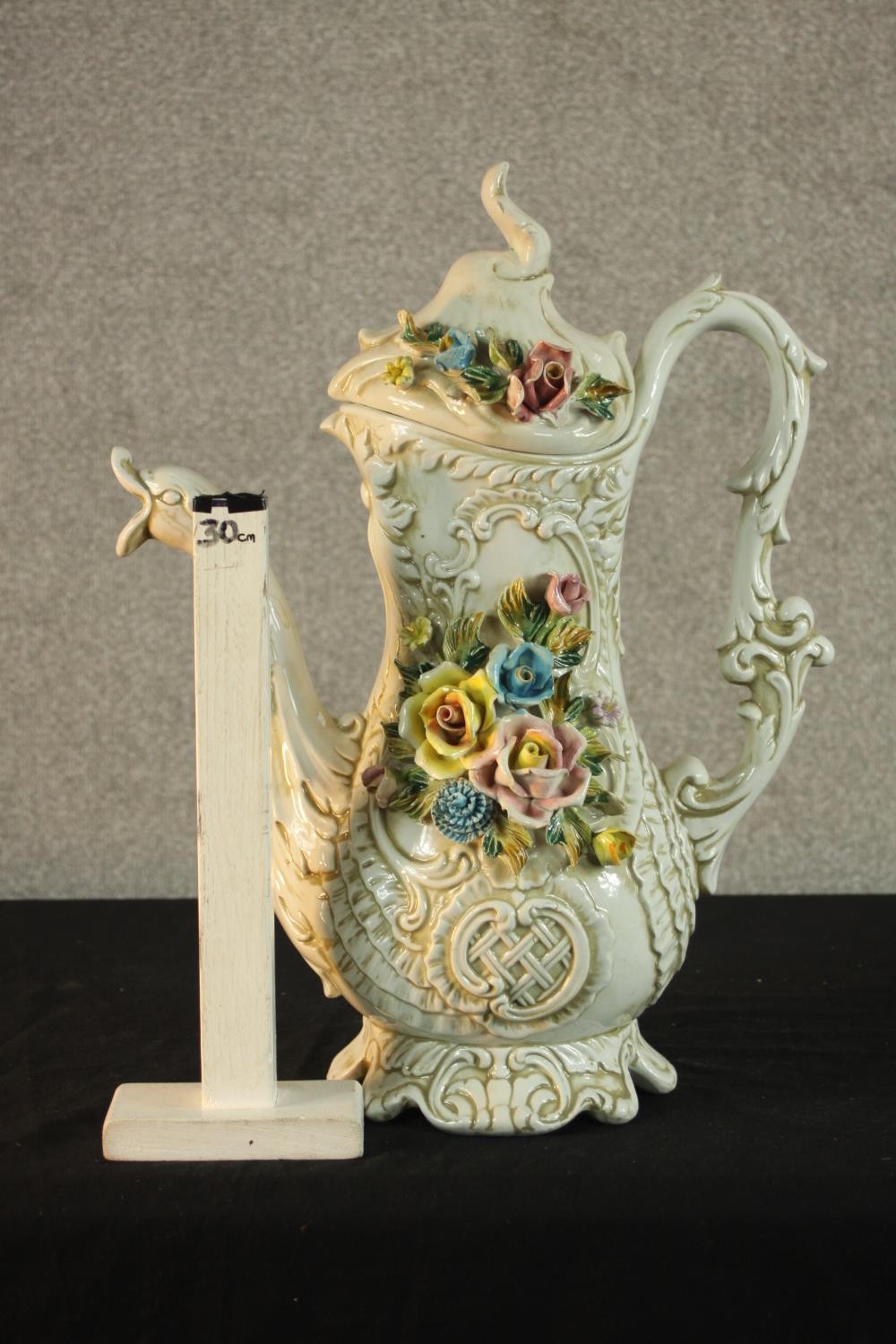 A 20th century Capodimonte pottery floral encrusted jug, the moulded hand in the form of vines and - Image 2 of 10