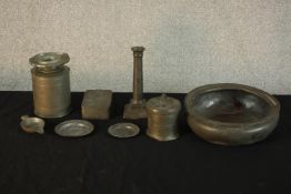 Assortment of various pewter to include candlestick, trinket dishes, bowl and other items. H.8 W.