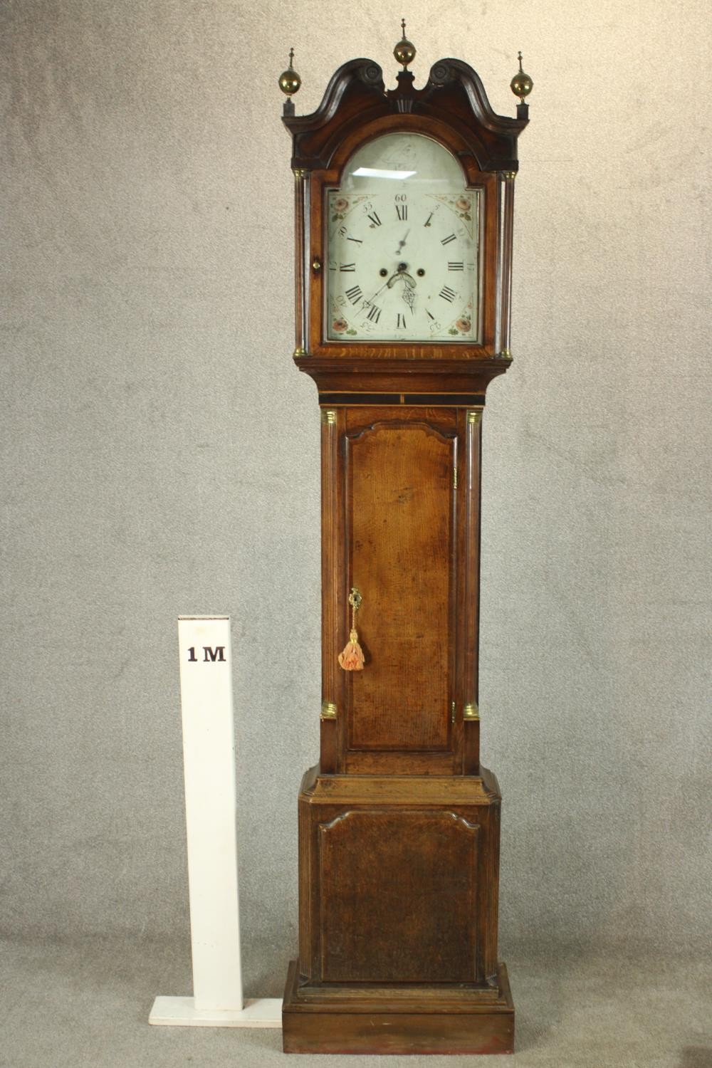 A 19th century oak cased longcase clock, with broken swan neck pediment and three brass finials - Image 2 of 11
