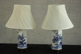 A pair of contemporary Chinese blue and white porcelain hexagonal lamps decorated with flowers,