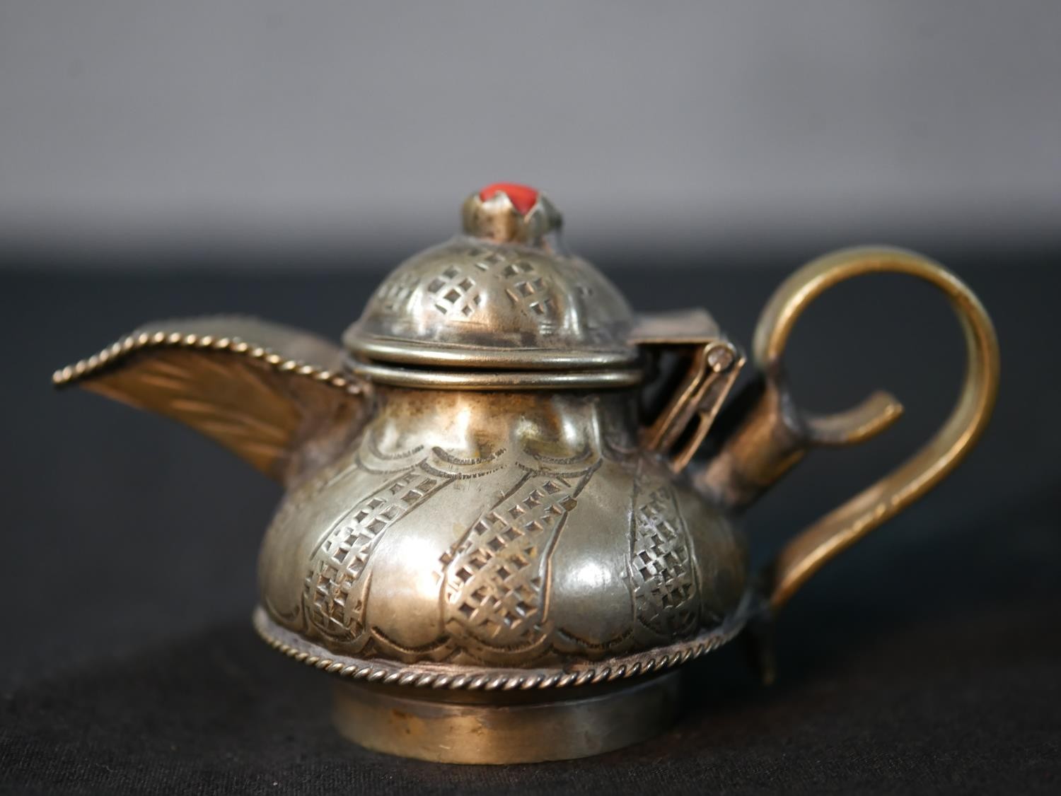 A collection of silver plate Oriental items, including miniature Turkish coffee pot, a Tibetan Gau - Image 4 of 9