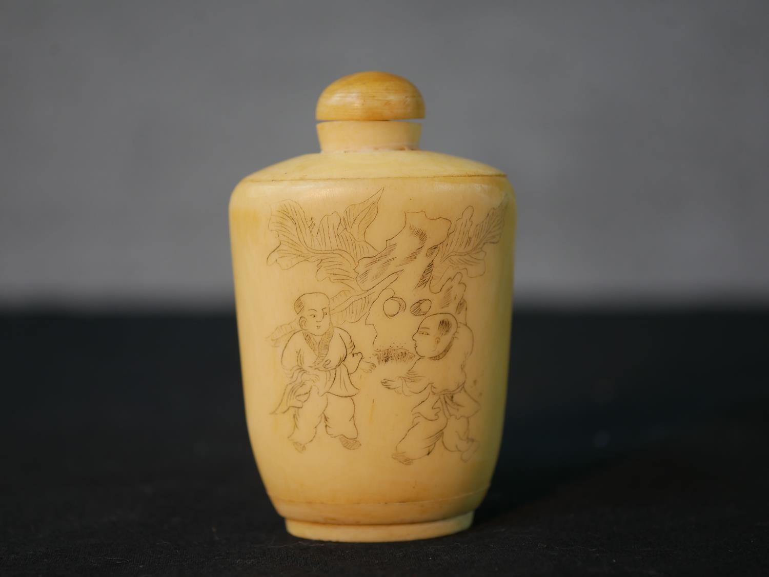 Three etched bone Chinese snuff bottles along with a Bavarian printed ceramic snuff bottle with - Image 3 of 10