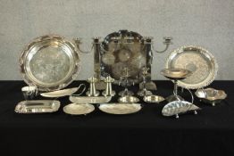 Various silver plate to include plates, dishes and a pair of three branch candleabra, together