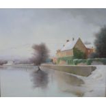 K. B. Hancock (20th century), Snow covered houses by an estuary, acrylic on canvas, signed and
