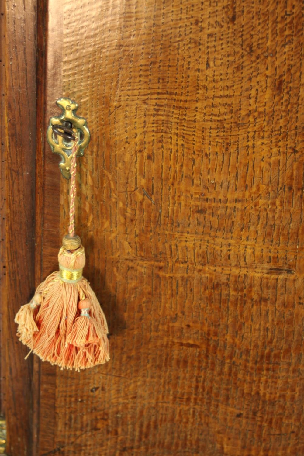 A 19th century oak cased longcase clock, with broken swan neck pediment and three brass finials - Image 8 of 11