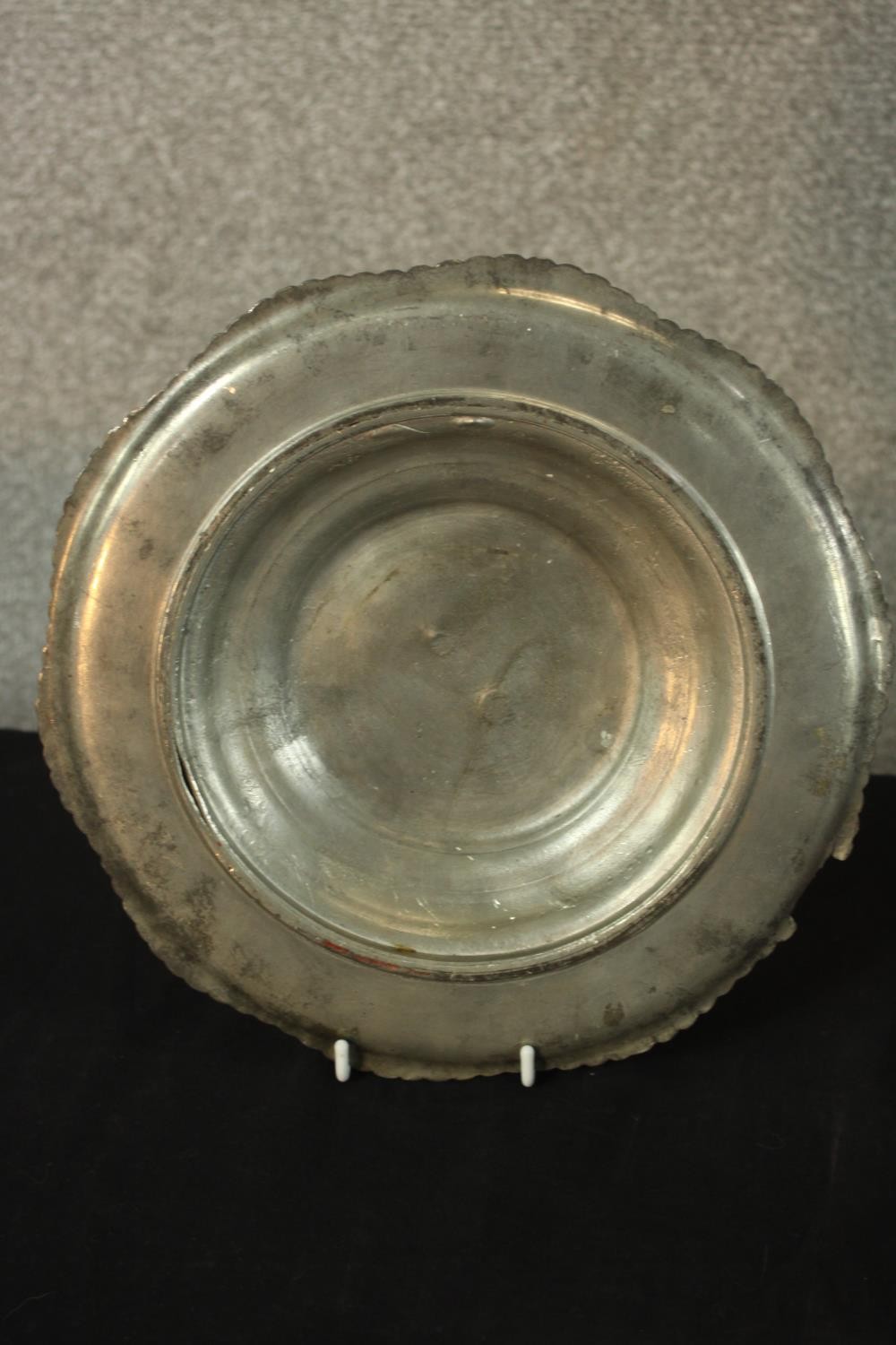 Three pieces of pewter comprising of pewter comprising of two chargers and a twin handled tureen and - Image 3 of 10