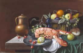 J. Fermour (20th century), Still Life of fruit and shellfish with copper jug, arylic on canvas,