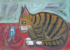 Wolf Howard, Cat and Blue Bird, acrylic on canvas, initialled, unframed, titled, signed and dated