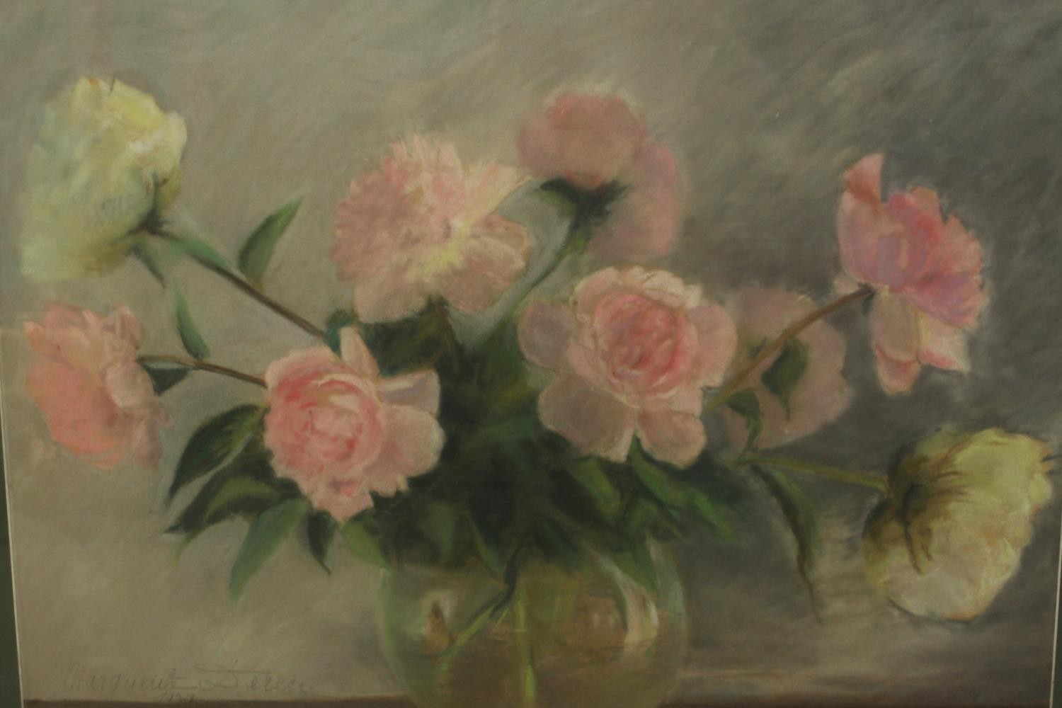 Marguerite Derese (20th century), still life of roses in a glass vase, pastel on paper, signed and