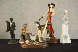 Four porcelain figures, including an Art Deco style lady with Borzoi dog by A Santini, a Capodimonte
