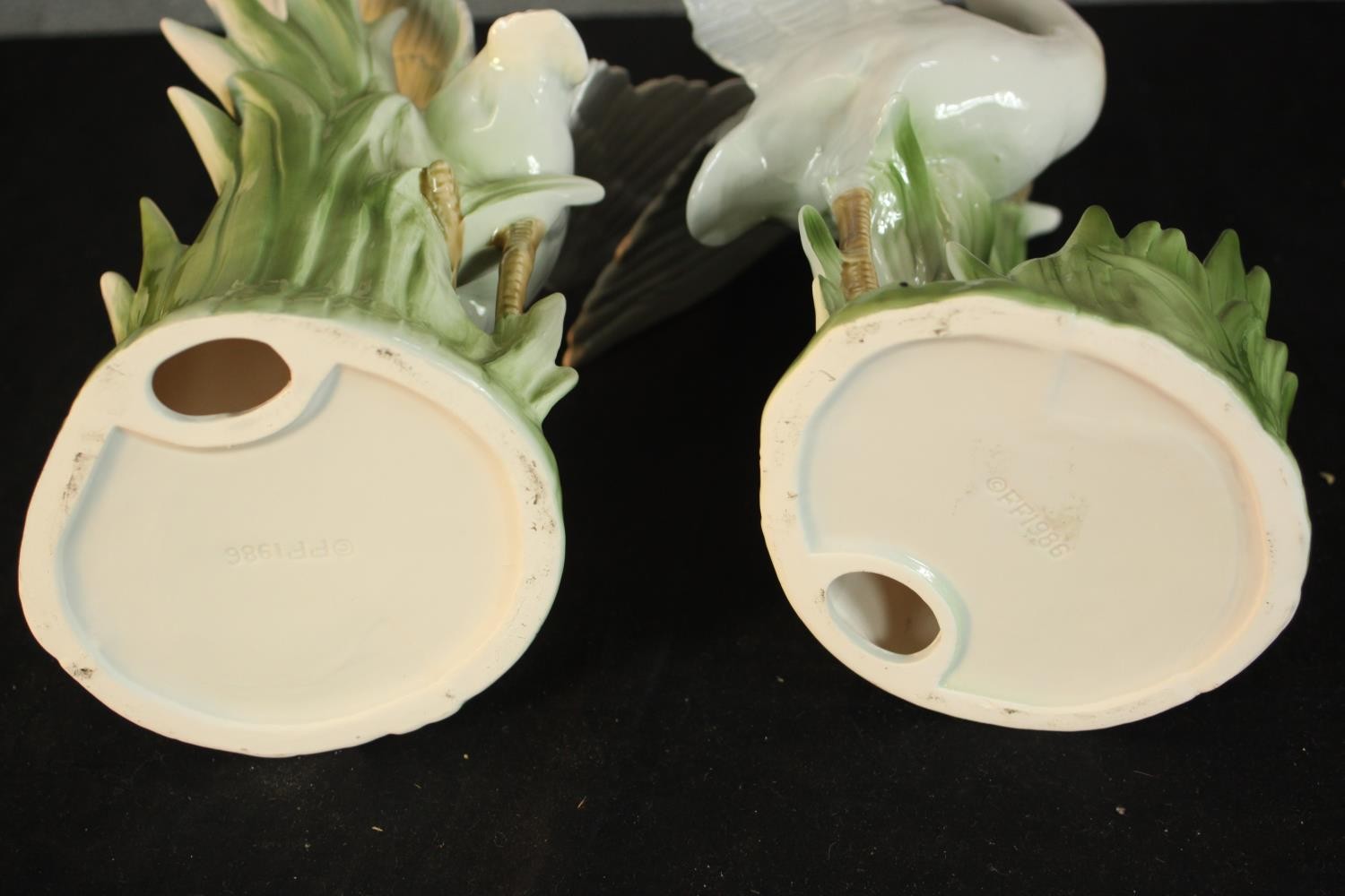 A pair of hand painted Fitz & Floyd crane design porcelain candle holders, stamped FF1989. H.22 W.20 - Image 8 of 9