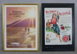 Two contemporary framed advertising posters, Lucky Strike & Cyprus. H.78. W.53cm (largest)