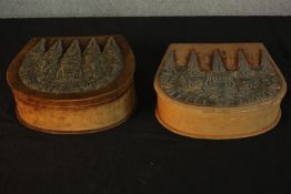 Two 19th century silver thread stump work design velvet horseshoe shaped jewellery boxes. H.9 W.25