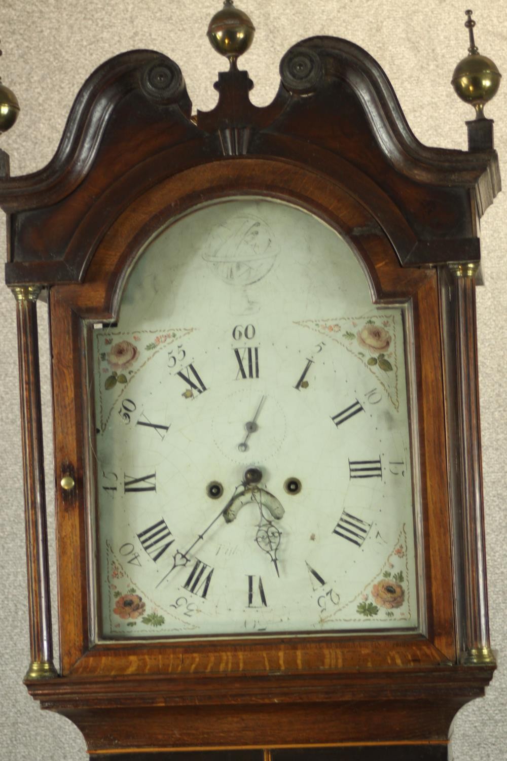 A 19th century oak cased longcase clock, with broken swan neck pediment and three brass finials - Image 3 of 11