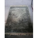 A contemporary Chinese silk grey ground rug with central panel of a farmer and oxen by a river woven