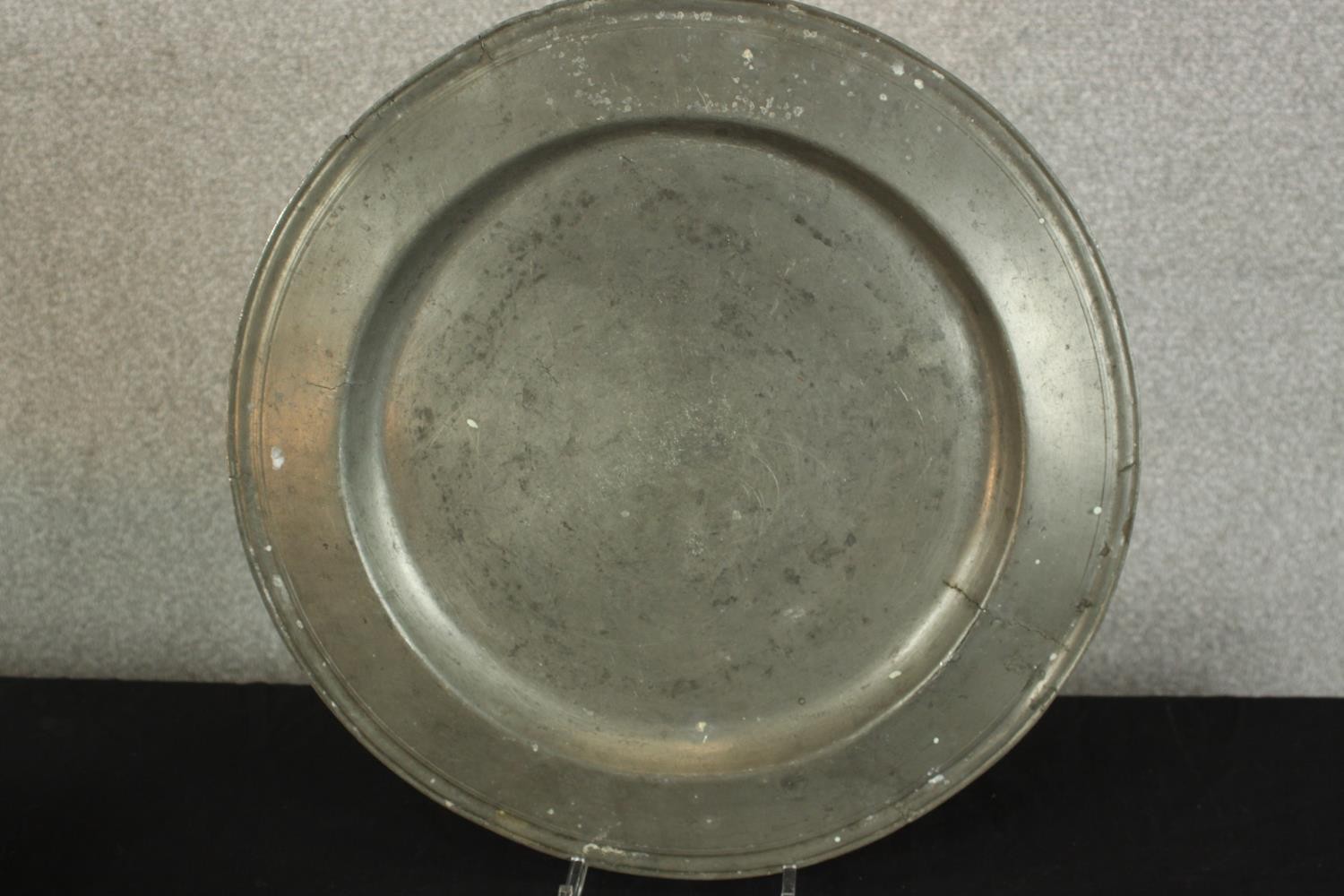 Three pieces of pewter comprising of pewter comprising of two chargers and a twin handled tureen and - Image 5 of 10