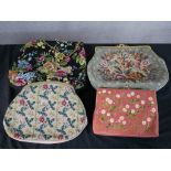 Four Danish early 20th century needlepoint tapestry floral design ladies evening bags. H.37 W.41 D.