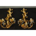 A pair of 20th century gilt metal leaf design and glass twin branch wall hangings. H.50 W.24 D.14cm.