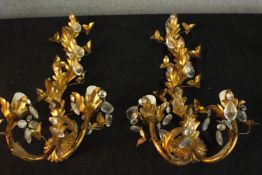 A pair of 20th century gilt metal leaf design and glass twin branch wall hangings. H.50 W.24 D.14cm.