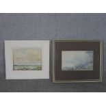 Rocky seascape and Mediterranean coastal path, two contemporary watercolours on a paper, one