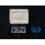 Two Bohemian intaglio crystal pin dishes, a cased clear glass dish with Classical Neptune and