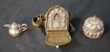 A collection of silver plate Oriental items, including miniature Turkish coffee pot, a Tibetan Gau