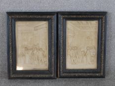 Two 20th century carved relief wall panels depicting people in period costume, framed.H.39 W.29cm