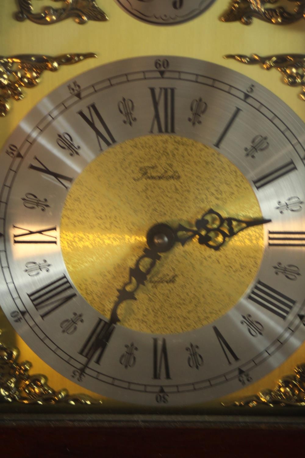 A 20th century mahogany cased Tempus Fugit grandmother clock, the brass and silvered dial with - Image 5 of 8