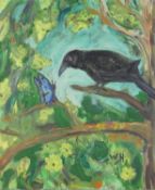 Wolf Howard, Crow & Blue Butterfly, acrylic on canvas, initialled, unframed, titled, signed and