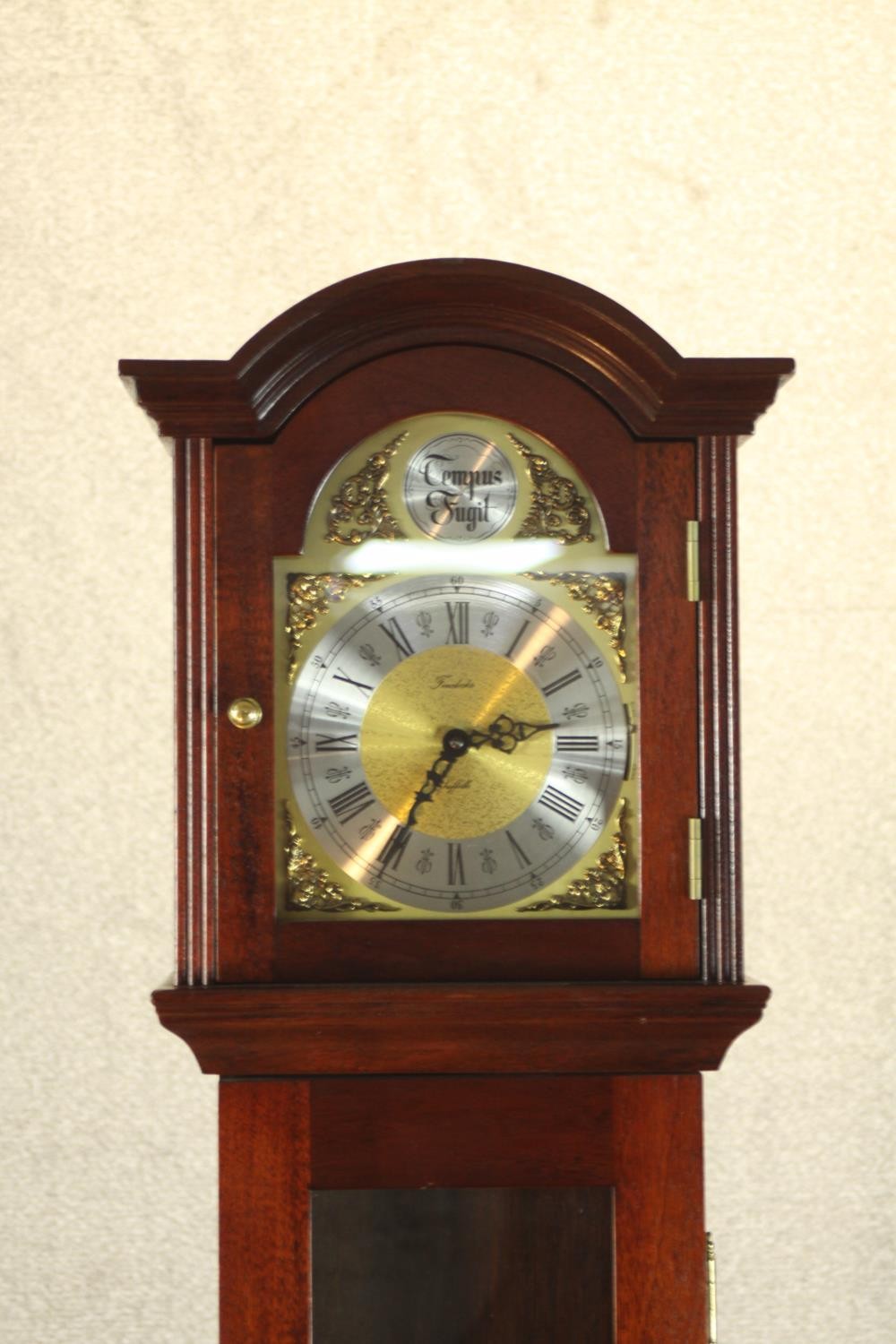 A 20th century mahogany cased Tempus Fugit grandmother clock, the brass and silvered dial with - Image 3 of 8