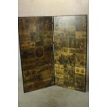 A late 19th century single fold floor standing vanity screen, the panels mounted with a collage of