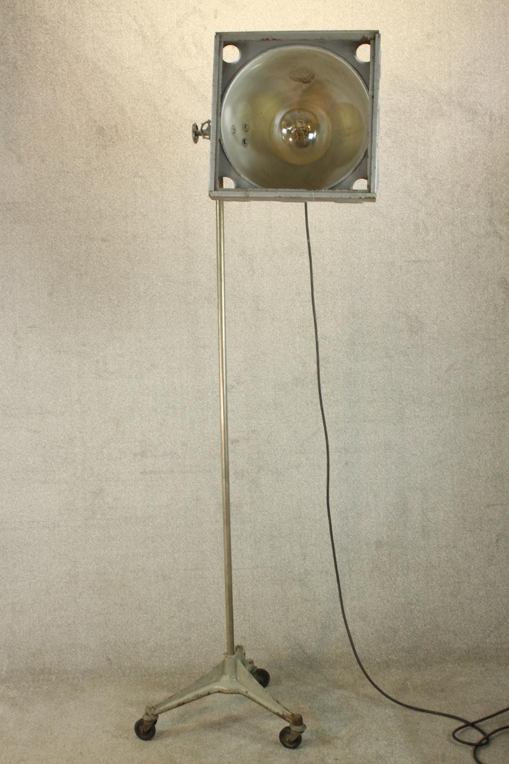 A pair of 20th century pair of industrial floor standing lamps, raised on three splayed supports - Image 10 of 14