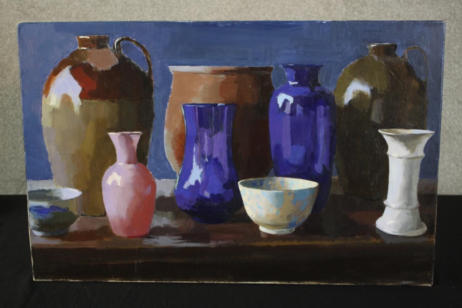 20th century, still life of jugs, vases and bowls, oil on canvas, unsigned and unframed. H.46 W. - Image 2 of 4