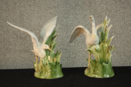 A pair of hand painted Fitz & Floyd crane design porcelain candle holders, stamped FF1989. H.22 W.20