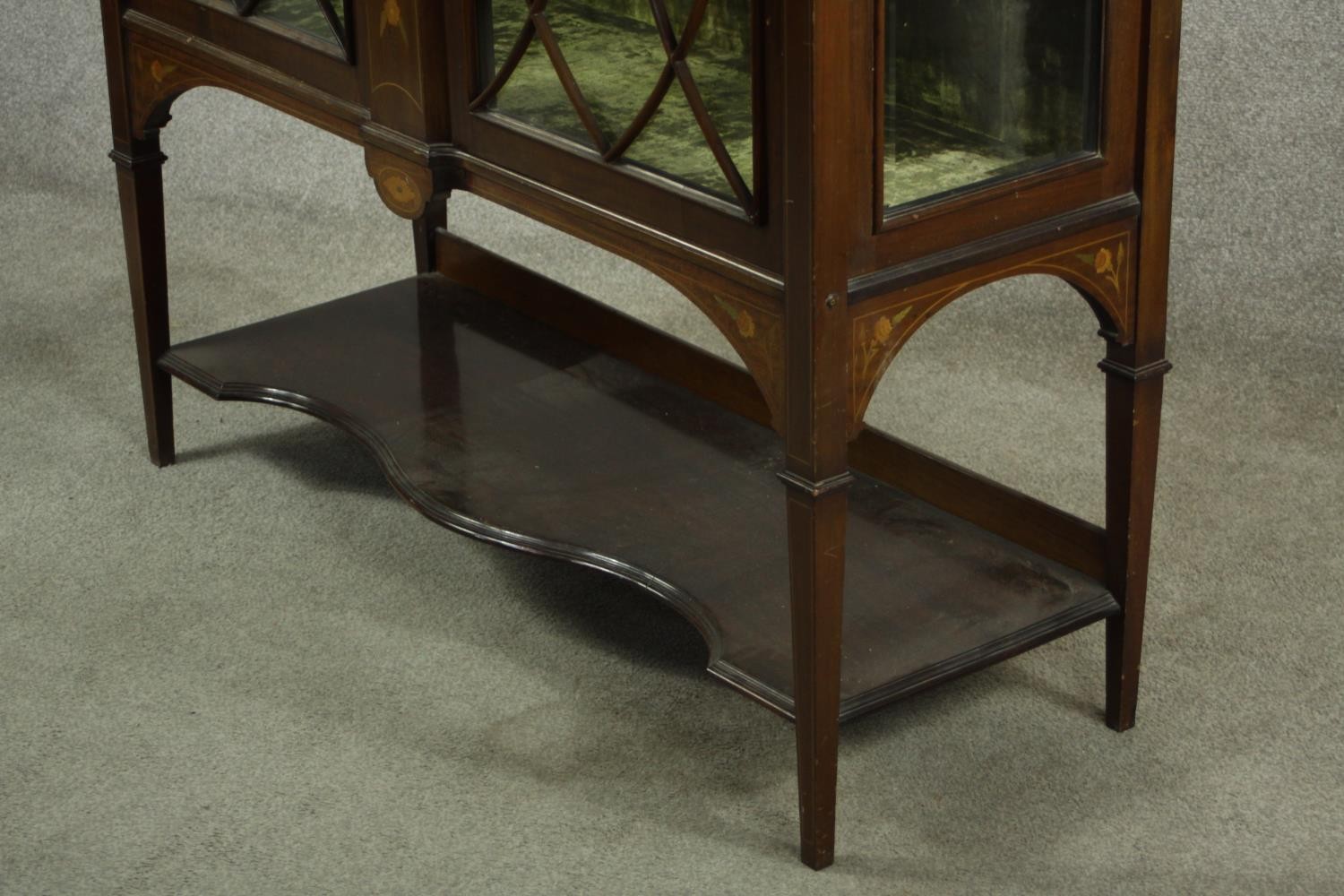 An Edwardian inlaid mahogany twin door display cabinet, the cornice carved with stylised flowers and - Image 13 of 15