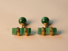 A pair of fitted leather cased 1970's Asprey and Co 18 carat yellow gold malachite bar and ball