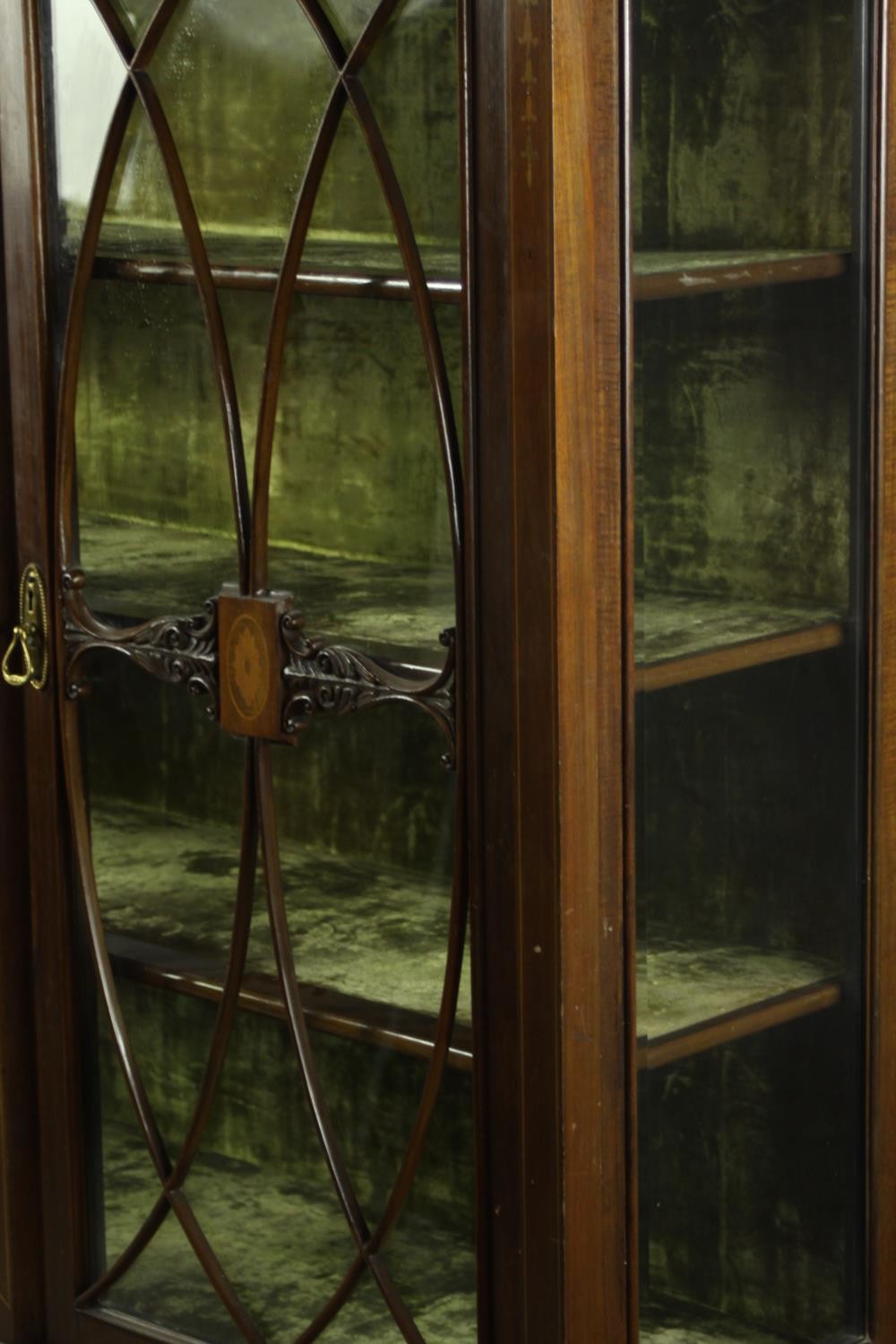 An Edwardian inlaid mahogany twin door display cabinet, the cornice carved with stylised flowers and - Image 12 of 15