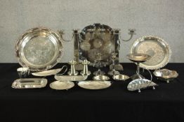 Various silver plate to include plates, dishes and a pair of three branch candelabra, together