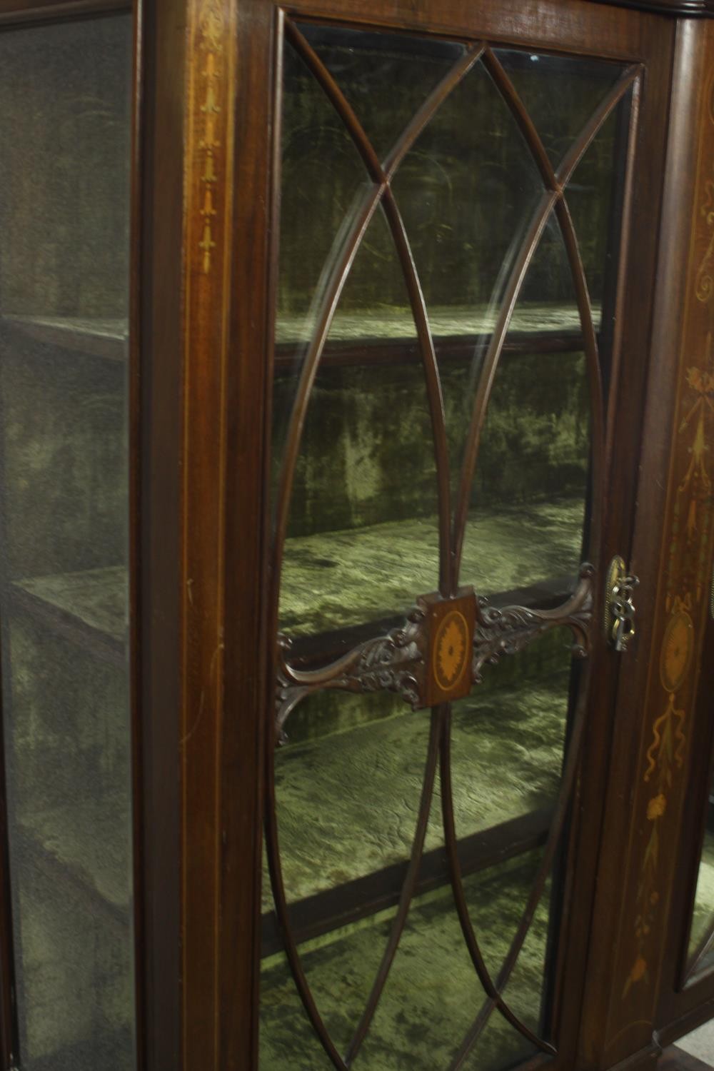 An Edwardian inlaid mahogany twin door display cabinet, the cornice carved with stylised flowers and - Image 15 of 15