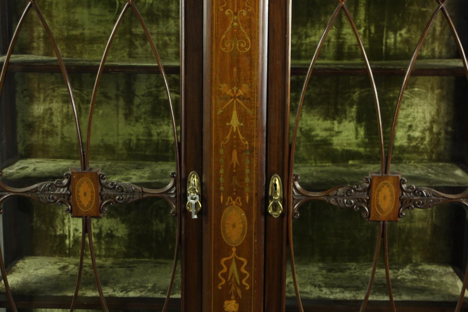 An Edwardian inlaid mahogany twin door display cabinet, the cornice carved with stylised flowers and - Image 4 of 15