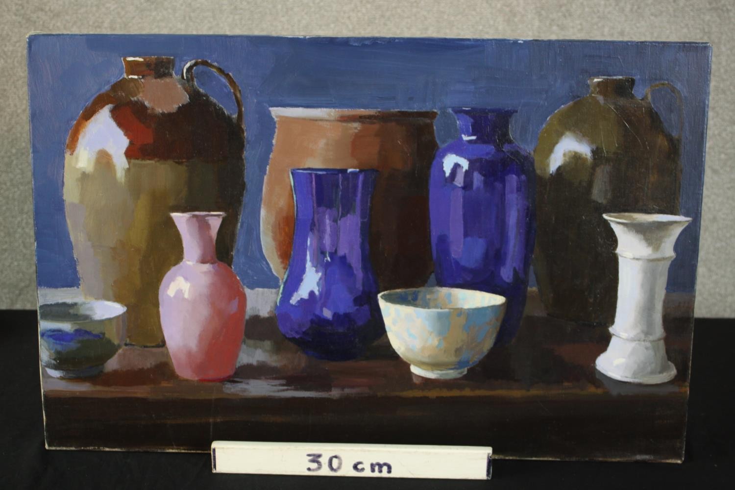 20th century, still life of jugs, vases and bowls, oil on canvas, unsigned and unframed. H.46 W. - Image 3 of 4